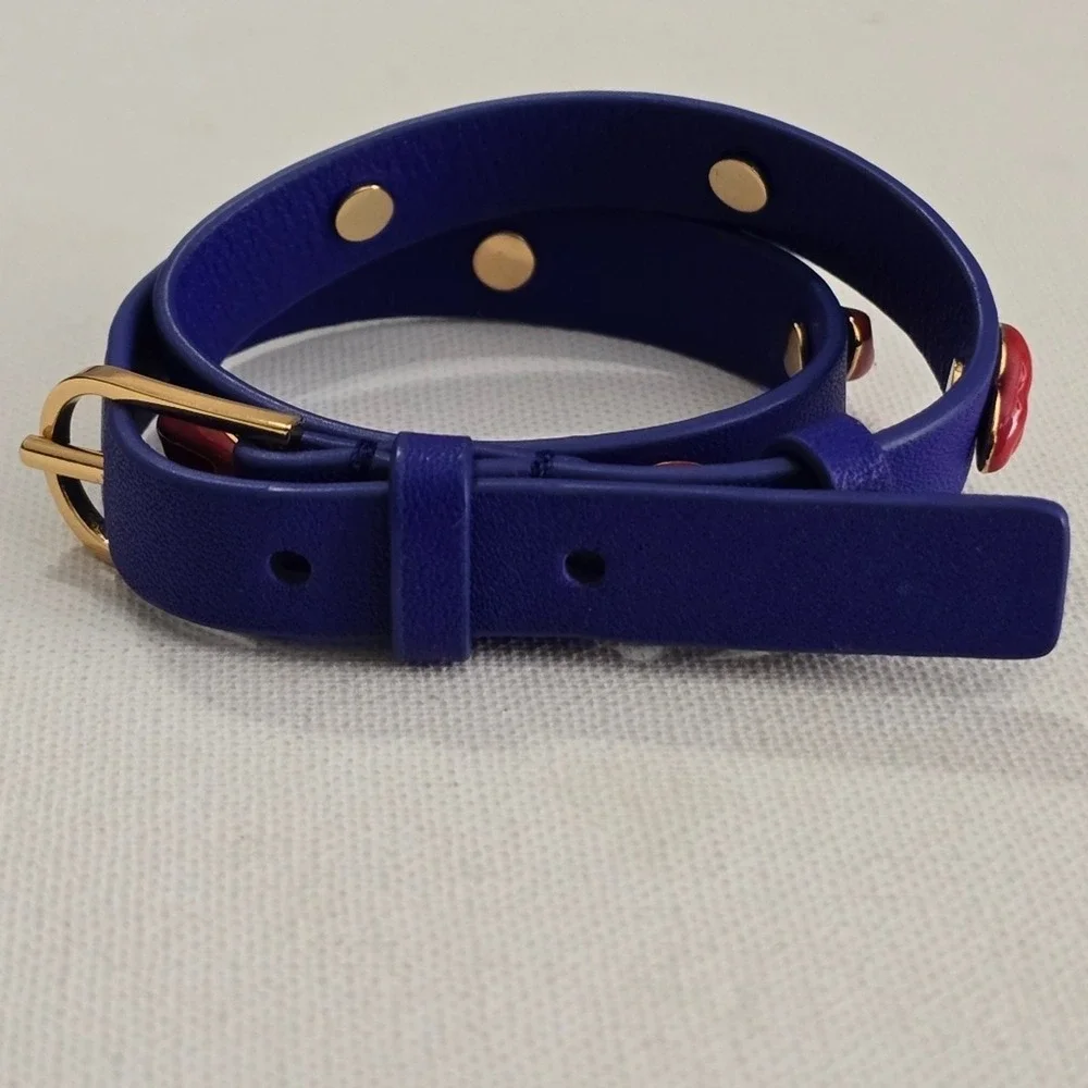 Tory Burch Blue‎ Leather Wrap Bracelet Gold Tone Red Lips Charm Adjustable